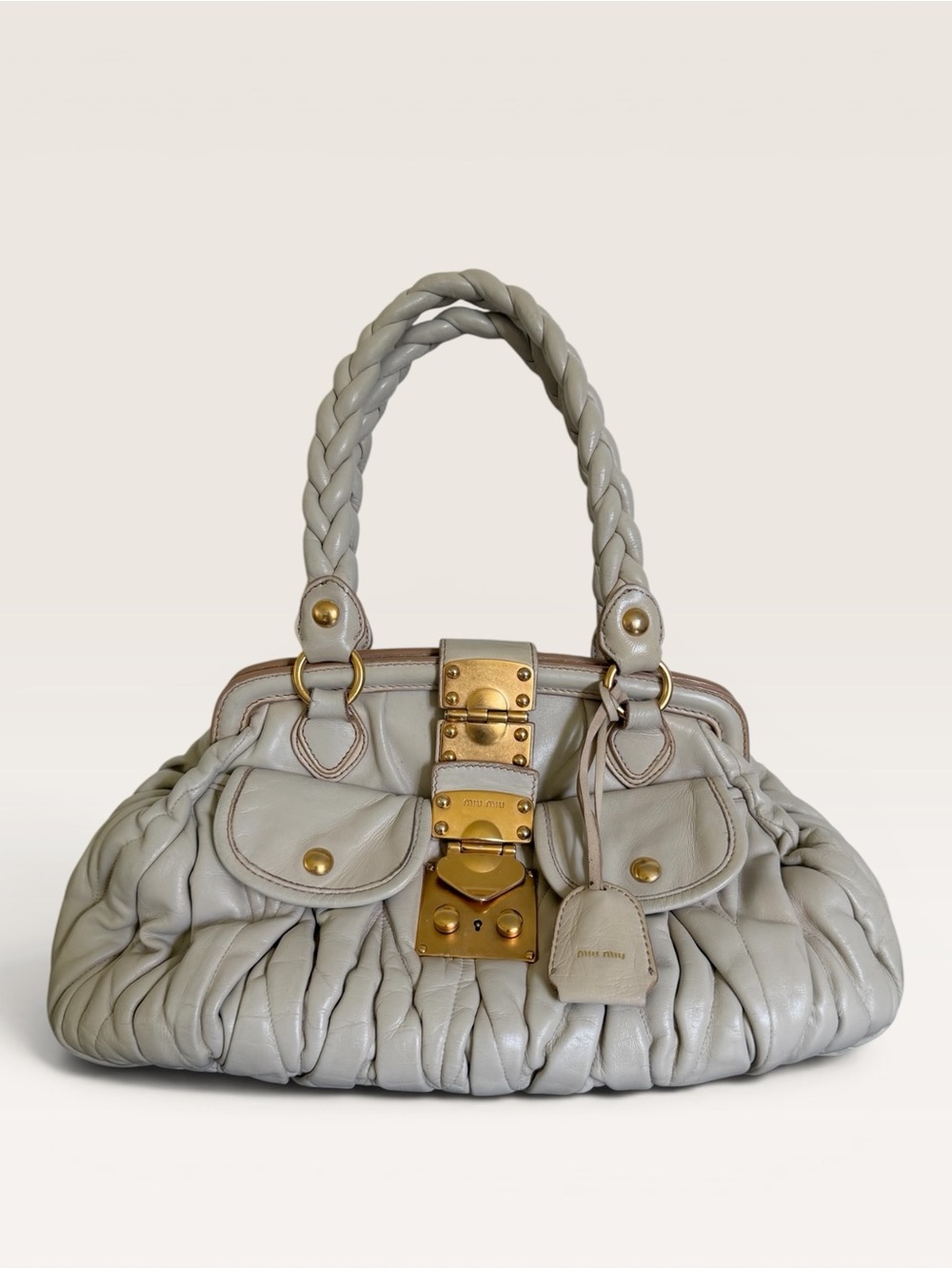 Vintage Miu Miu Matelassé Leather Satchel Bag Ivory Gold Hardware